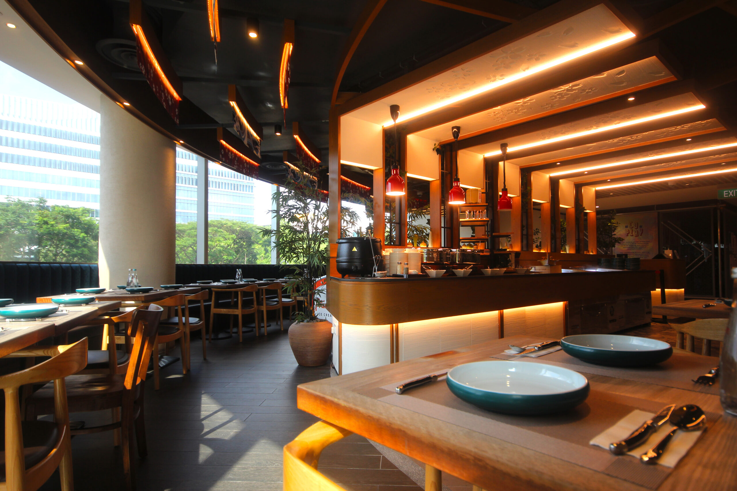Dining space near salad bar at BIZEN located in Plaza Singapura.